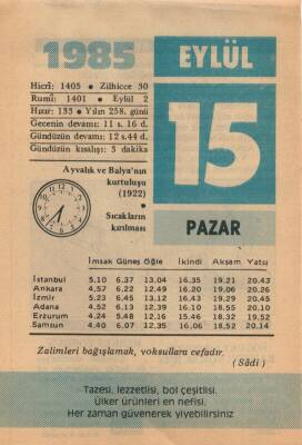 15 Eylül 1985 Takvim Yaprağı EFM(N)2819 - 3