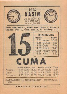 15 Kasım 1974 Takvim Yaprağı EFM(N)3325 - 1