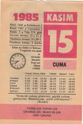 15 Kasım 1985 Takvim Yaprağı EFM(N)3385 - 3