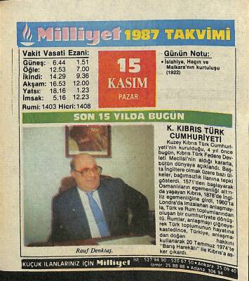 15 Kasım 1987 Takvim Yaprağı - Doğum Günü Hediyesi EFM(N)11946 - 1