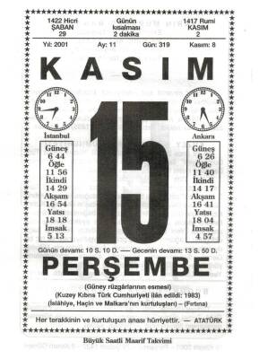 15 Kasım 2001 Takvim Yaprağı Doğum Günü Hediyesi EFM(N)4007 - 3