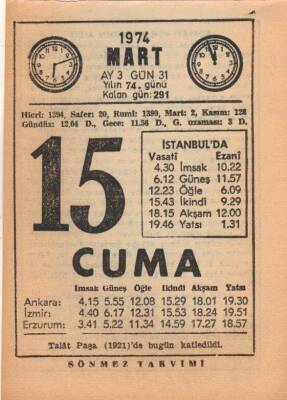 15 Mart 1974 Takvim Yaprağı EFM(N)5894 - 3