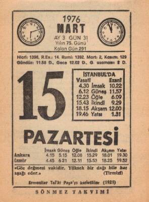 15 Mart 1976 Takvim Yaprağı EFM(N)5956 - 3