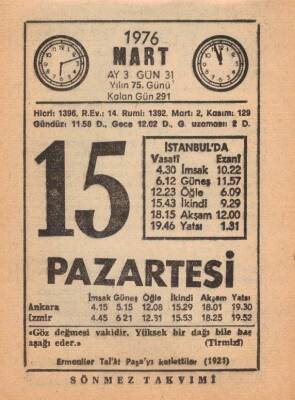 15 Mart 1976 Takvim Yaprağı EFM(N)5956 - 2