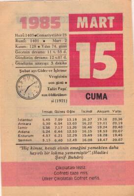 15 Mart 1985 Takvim Yaprağı EFM(N)6109 - 3