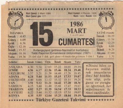 15 Mart 1986 Takvim Yaprağı EFM(N)5925 - 3