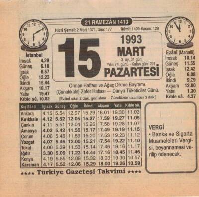 15 Mart 1993 Takvim Yaprağı EFM(N)6047 - 3