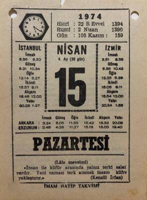 15 Nisan 1974 Takvim Yaprağı - Doğum Günü Hediyesi EFM(N)8172 - 2