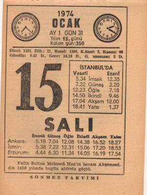 15 Ocak 1974 Takvim Yaprağı EFM(N)4878 - 1