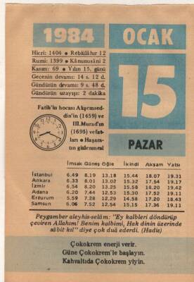 15 Ocak 1984 Takvim Yaprağı EFM(N)4754 - 1