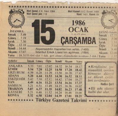 15 Ocak 1986 Takvim Yaprağı EFM(N)5033 - 1