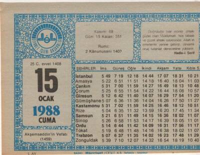 15 Ocak 1988 Takvim Yaprağı EFM(N)4909 - 1