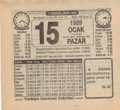 15 Ocak 1989 Takvim Yaprağı EFM(N)4723 - 1