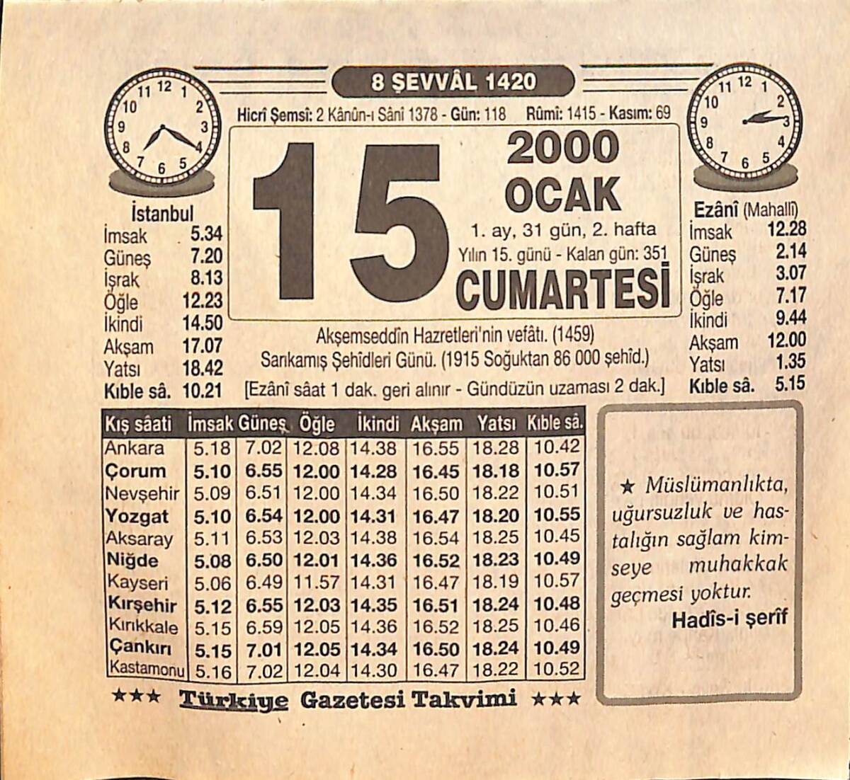 15 Ocak 2000 Takvim Yaprağı - Doğum Günü Hediyesi EFM(N)13201 - 1