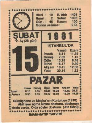 15 Şubat 1981 Takvim Yaprağı EFM(N)5423 - 1