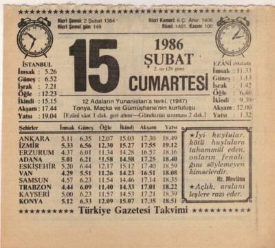 15 Şubat 1986 Takvim Yaprağı EFM(N)5226 - 1