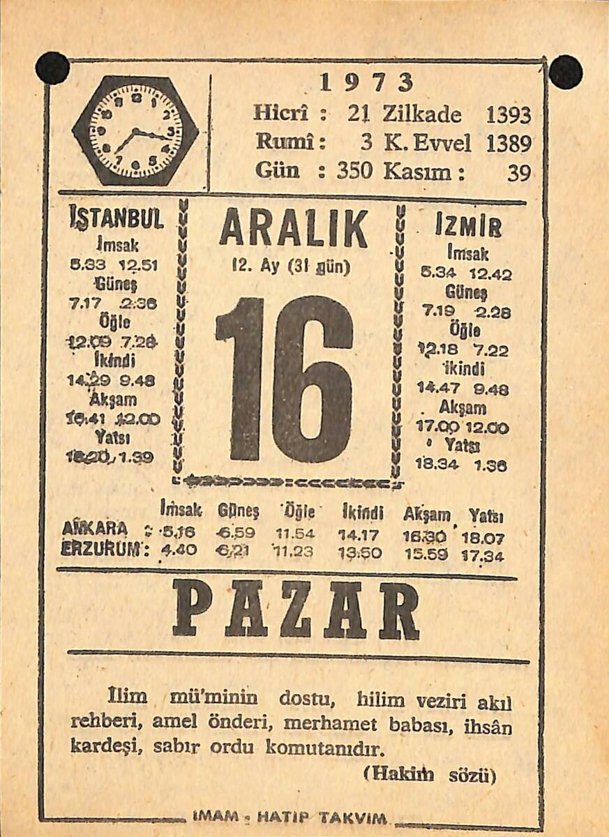 16 Aralık 1973 Takvim Yaprağı - Doğum Günü Hediyesi EFMN13671 - 1