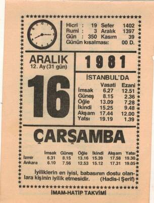 16 Aralık 1981 Takvim Yaprağı EFM(N)4421 - 3