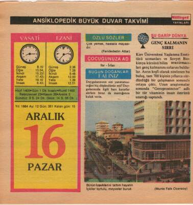 16 Aralık 1984 Takvim Yaprağı EFM(N)4082 - 3