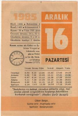 16 Aralık 1985 Takvim Yaprağı EFM(N)4113 - 3