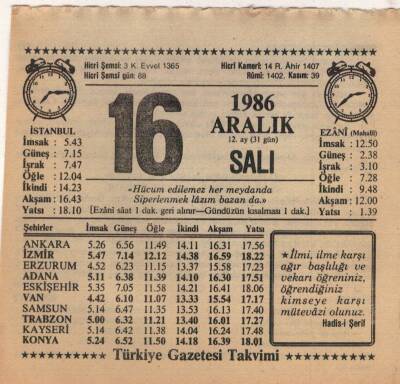 16 Aralık 1986 Takvim Yaprağı EFM(N)4328 - 3