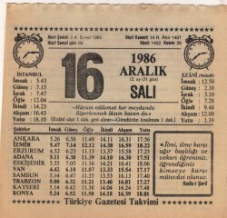 16 Aralık 1986 Takvim Yaprağı EFM(N)4328 - 2