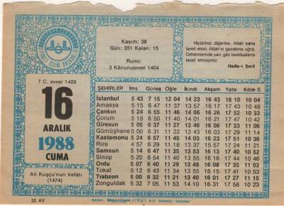 16 Aralık 1988 Takvim Yaprağı EFM(N)4482 - 1