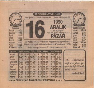 16 Aralık 1990 Takvim Yaprağı EFM(N)4144 - 3