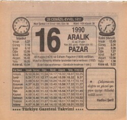 16 Aralık 1990 Takvim Yaprağı EFM(N)4144 - 2