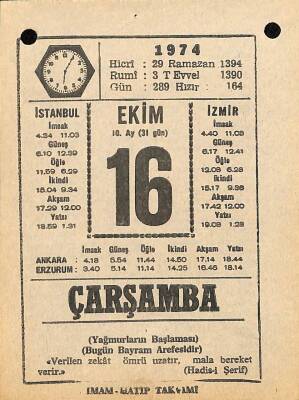 16 Ekim 1974 Takvim Yaprağı - Doğum Günü Hediyesi EFM(N)10577 - 4