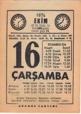 16 Ekim 1974 Takvim Yaprağı EFM(N)2986 - 2