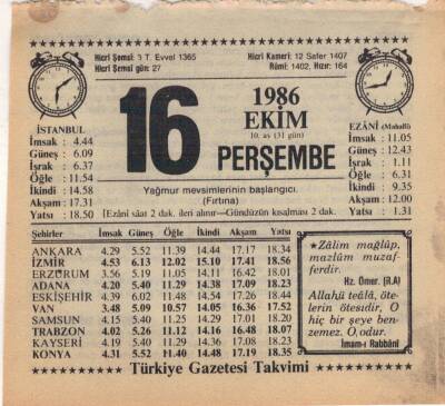 16 Ekim 1986 Takvim Yaprağı EFM(N)3079 - 3