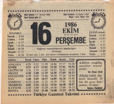 16 Ekim 1986 Takvim Yaprağı EFM(N)3079 - 1