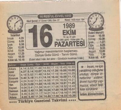 16 Ekim 1989 Takvim Yaprağı EFM(N)3110 - 3