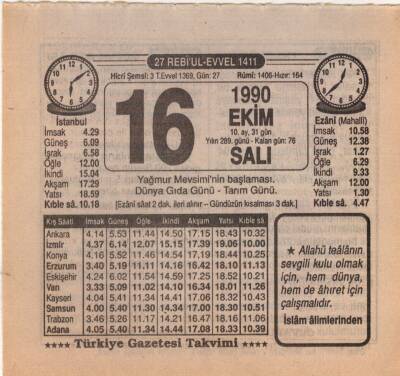 16 Ekim 1990 Takvim Yaprağı EFM(N)3141 - 3