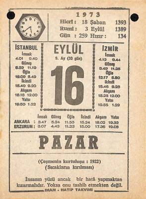 16 Eylül 1973 Takvim Yaprağı - Doğum Günü Hediyesi EFM(N)9862 - 2