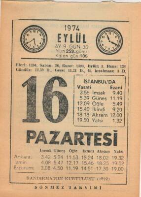 16 Eylül 1974 Takvim Yaprağı EFM(N)2803 - 3