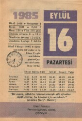 16 Eylül 1985 Takvim Yaprağı EFM(N)2820 - 3