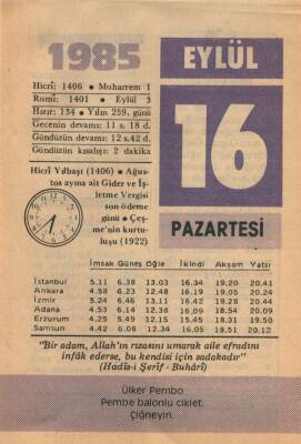 16 Eylül 1985 Takvim Yaprağı EFM(N)2820 - 1