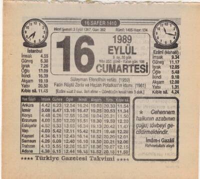 16 Eylül 1989 Takvim Yaprağı EFM(N)2854 - 3