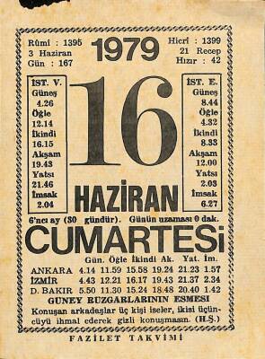 16 Haziran 1979 Takvim Yaprağı - Doğum Günü Hediyesi EFM(N)11848 - 1