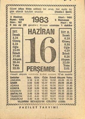 16 Haziran 1983 Takvim Yaprağı - Doğum Günü Hediyesi EFM(N)12537 - 1