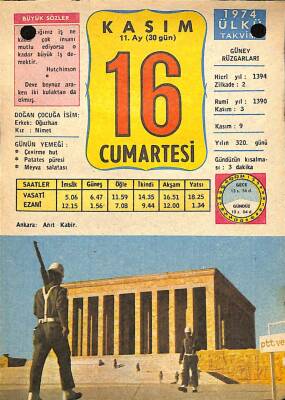 16 Kasım 1974 Takvim Yaprağı - Doğum Günü Hediyesi EFM(N)10689 - 4