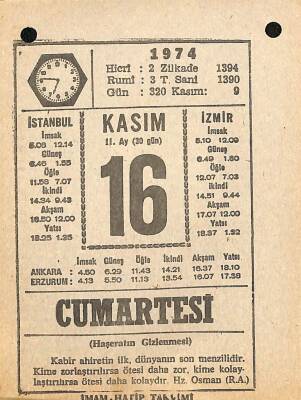 16 Kasım 1974 Takvim Yaprağı - Doğum Günü Hediyesi EFM(N)10778 - 4