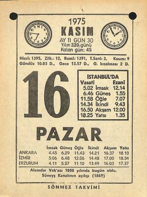 16 Kasım 1975 Takvim Yaprağı - Doğum Günü Hediyesi EFM(N)12592 - 1