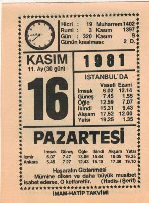 16 Kasım 1981 Takvim Yaprağı EFM(N)4268 - 3