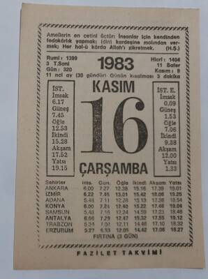 16 Kasım 1983 Takvim Yaprağı - Doğum Günü Hediyesi EFM(N)6916 - 1