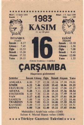 16 Kasım 1983 Takvim Yaprağı EFM(N)3960 - 1