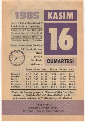 16 Kasım 1985 Takvim Yaprağı EFM(N)3386 - 2