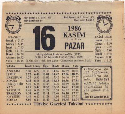 16 Kasım 1986 Takvim Yaprağı EFM(N)3416 - 3